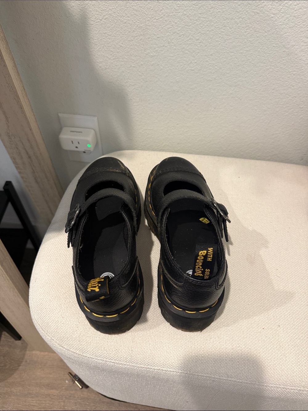 Dr. Martens Kids Black Leather Mary Jane Shoes with Yellow Stitching